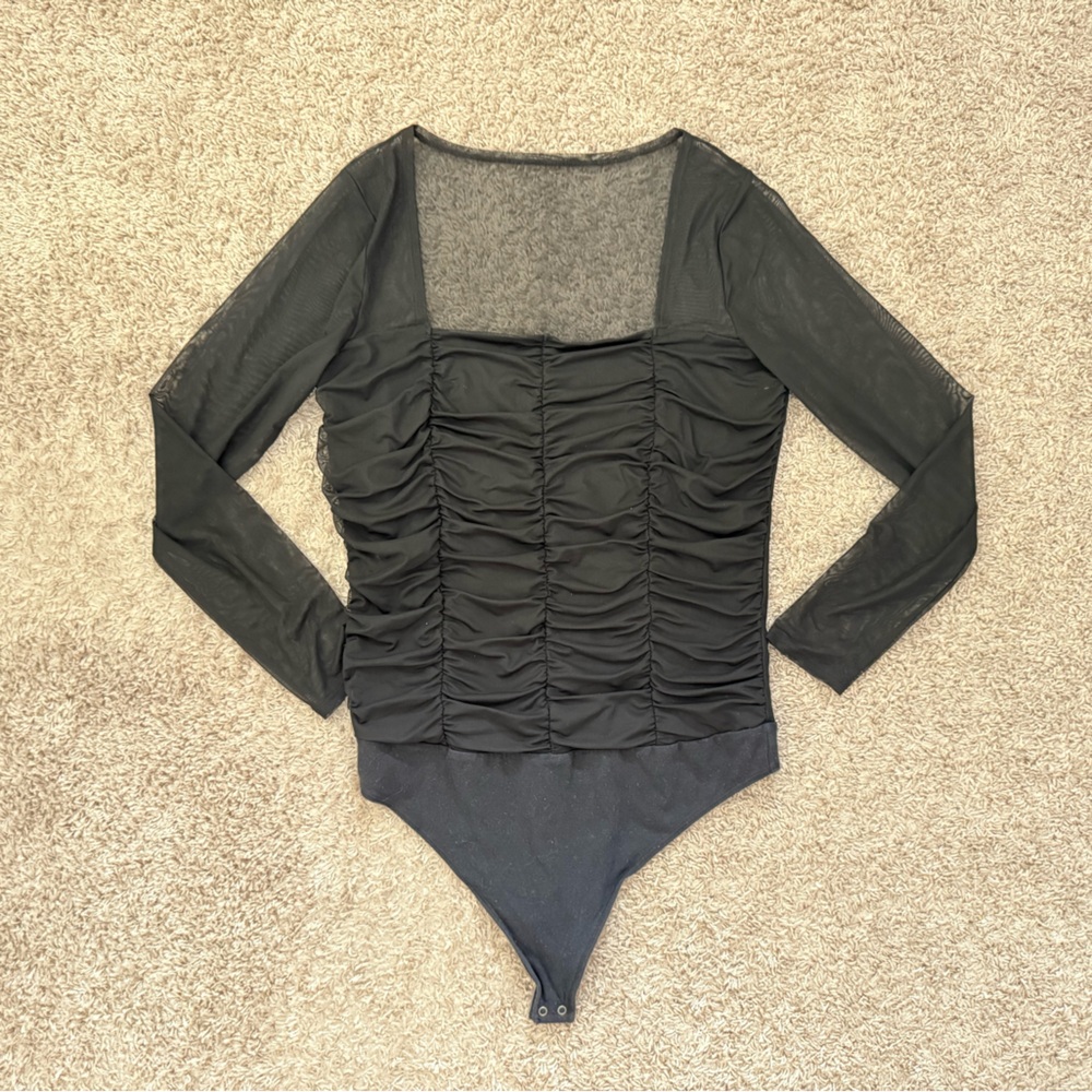 Abercrombie & Fitch - Black mesh long sleeve bodysuit with ruching - Size XL